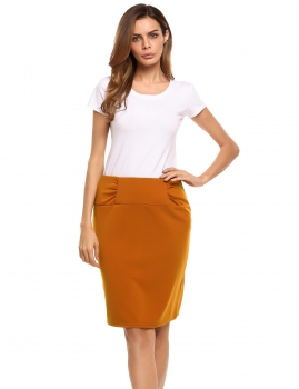 

Brown Back Zipper Hem Split Solid Pencil Skirt, Multicolor