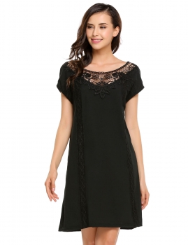

Black Cap Sleeve Lace Patchwork O Neck Shift Dress, Multicolor