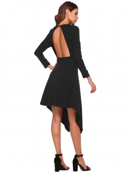 

Black Solid Neck Long Sleeve Holiday Party Asymmetrical Dress, Multicolor