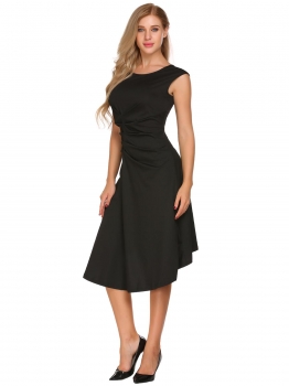 

Black Retro Cap Sleeve Solid Ruched Dress, Multicolor