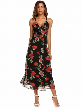 

Black Sleeveless Floral Chiffon Maxi Dress, Multicolor