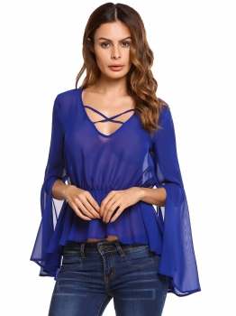 

Blue Solid Criss Cross V-Neck Split Bell Sleeve Chiffon Peplum Top, Multicolor