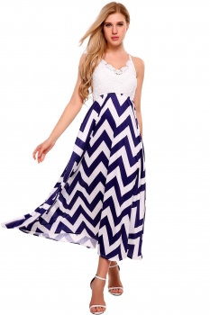 

Blue Wavy Striped Spaghetti Strap Sleeveless Lace Dress, Multicolor