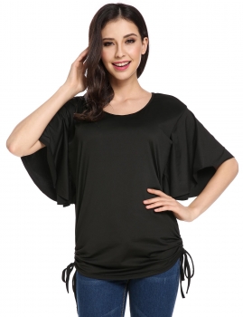 

Black Flutter Sleeve O Neck Solid Loose Pullover Blouse, Multicolor