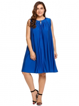

Blue Sleeveless Keyhole Solid Ruched Loose Dress Plus Size, Multicolor
