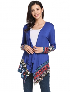 

Blue Collarless Long Sleeve Prints Patchwork Asymmetrical Hem Elastic Cardigan, Multicolor