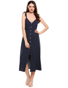 

Blue Spaghetti Strap Sleeveless Back Button Dot Loose Dress, Multicolor