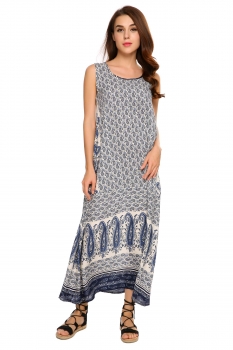 

Blue Scoop Neck Sleeveless Print Loose Maxi Dress, Multicolor