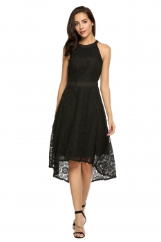 

Black Sleeveless Lace High Waist Asymmetry Hem A-Line Dress, Multicolor