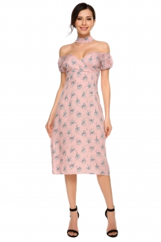 

Pink Choker Off the Shoulder Short Sleeve Floral Pencil Dress, Multicolor