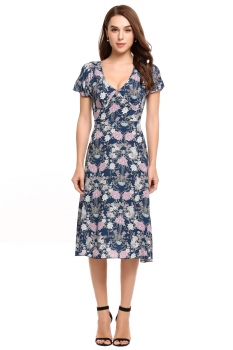 

Blue V-Neck Short Sleeve Floral A-Line Dress, Multicolor