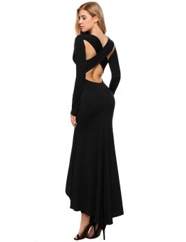 

Black Solid Back Cross O-Neck Long Sleeve Slim Bodycon Dress, Multicolor