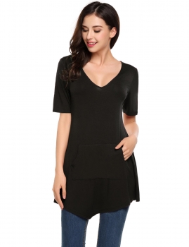 

Black V-Neck Short Sleeve Pocket Solid Pullover Tops, Multicolor