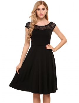 

Black Boat Neck Short Sleeve Lace Patchwork A-Line Dress, Multicolor