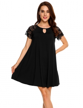 

Black O-Neck Lace Short Sleeve Keyhole Fit Dress, Multicolor