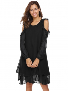 

Black Cold Shoulder Long Sleeve Ruffle Chiffon Dress, Multicolor