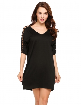 

Black Ladder Cut Out Half Sleeve Solid Loose Dress, Multicolor