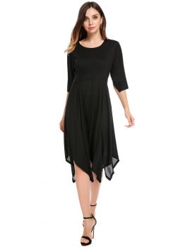

Black O-Neck Flare Short Sleeve Irregular Hem Loose Casual Dress, Multicolor