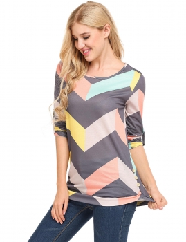 

Gray Contrast Color Geometric Long Sleeve Button Pullover Top, Multicolor