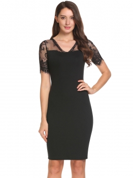 

Black V-Neck Lace Patchwork Pencil Dress, Multicolor