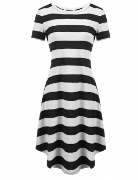 

White O-Neck Short Sleeve Striped Casual Loose Fit Tunic Dress, Multicolor