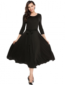 

Black 3"4 Sleeve Solid O-Neck Swing Dress with Belt, Multicolor
