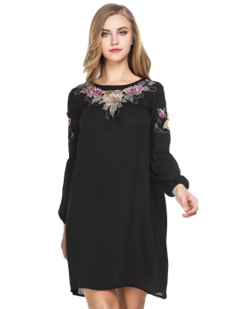 

Black Lantern Sleeve Appliques Loose Chiffon Dress, Multicolor