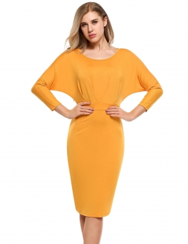 

Yellow Batwing Long Sleeve Ruched Bodycon Dress, Multicolor