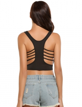 

Black Hollow Out Sleeveless O Neck Solid Slim Crop Top, Multicolor