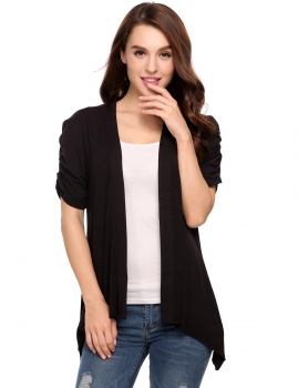 

Black Solid Ruched Short Sleeve Shark Bite Hem Cardigan, Multicolor