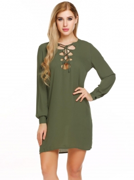 

Army green Long Sleeve Lace Cross Front Bandage Chiffon Casual Dress, Multicolor