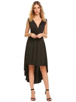 

Black Women V-Neck Sleeveless Solid A-Line Pleated Asymmetrical Hem Swing Dress, Multicolor