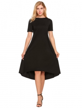 

Black O-Neck Solid Asymmetrical and Ruffle Hem Dress, Multicolor