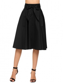 

Black Bow Belt Solid Pleated Back Zipper Retro Style Skirt, Multicolor