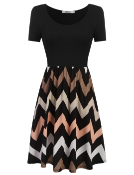 

Pink Women Short Sleeve Wave Patchwork Casual Pleated Dress, Multicolor