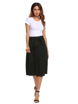 

Black High Waist Button Decor Solid Pleated Skirt with Belt, Multicolor