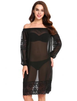 

Black Off the Shoulder Long Puff Sleeve Chiffon Dress, Multicolor