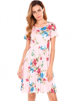 

Red O-Neck Short Sleeve Prints A-Line Pleated Hem Dress, Multicolor