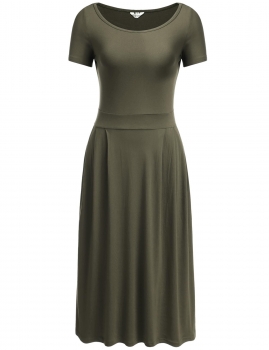 

Army green Short Sleeve Solid Pleated Hem Elastic Dress, Multicolor