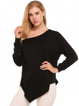 

Black Solid Asymmetrical Hem Long Sleeve Casual Tops, Multicolor