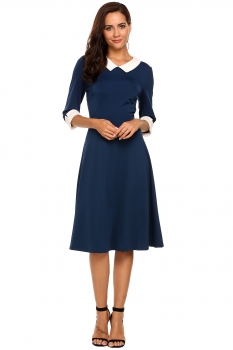 

Blue Peter Pan Collar 3"4 Sleeve High Waist Swing Dress, Multicolor