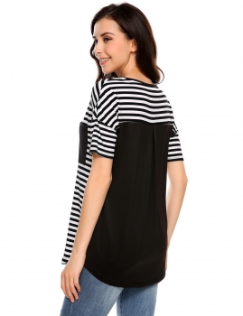 

Black and White Stripes Pocket Patchwork Short Sleeve T-Shirts, Multicolor