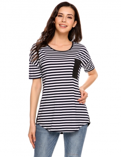 blue and white stripes pocket patchwork short sleeve t-shirts