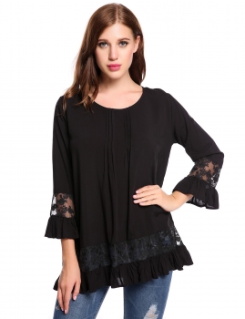 

Black Lace Patchwork Ruffle Brim Pullover O-Neck Long Sleeve T-Shirt, Multicolor