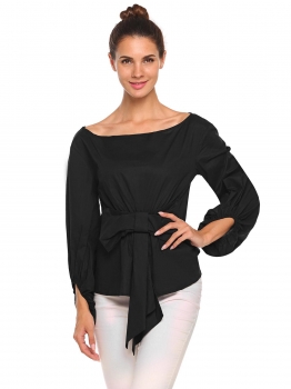 

Black Solid Waist Bow Boat Neck Bishop 3"4 Sleeve Tops, Multicolor