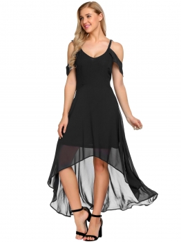 

Black Cold Shoulder Asymmetrical Chiffon Dress, Multicolor