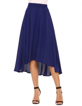 

Blue Solid Elastic Waist Asymmetric Hem Skirt with Lining, Multicolor