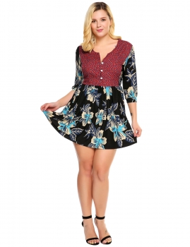 

Black Plus Size 3"4 Sleeve Floral Print Patchwork Dress, Multicolor
