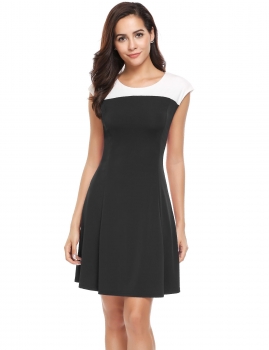 

Black O-Neck Patchwork Contrast Color A-Line Pleated Hem Dress, Multicolor
