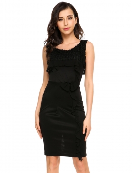 

Black 3D Flower Decoration Ruffles Sleeveless Knee Length Dress, Multicolor